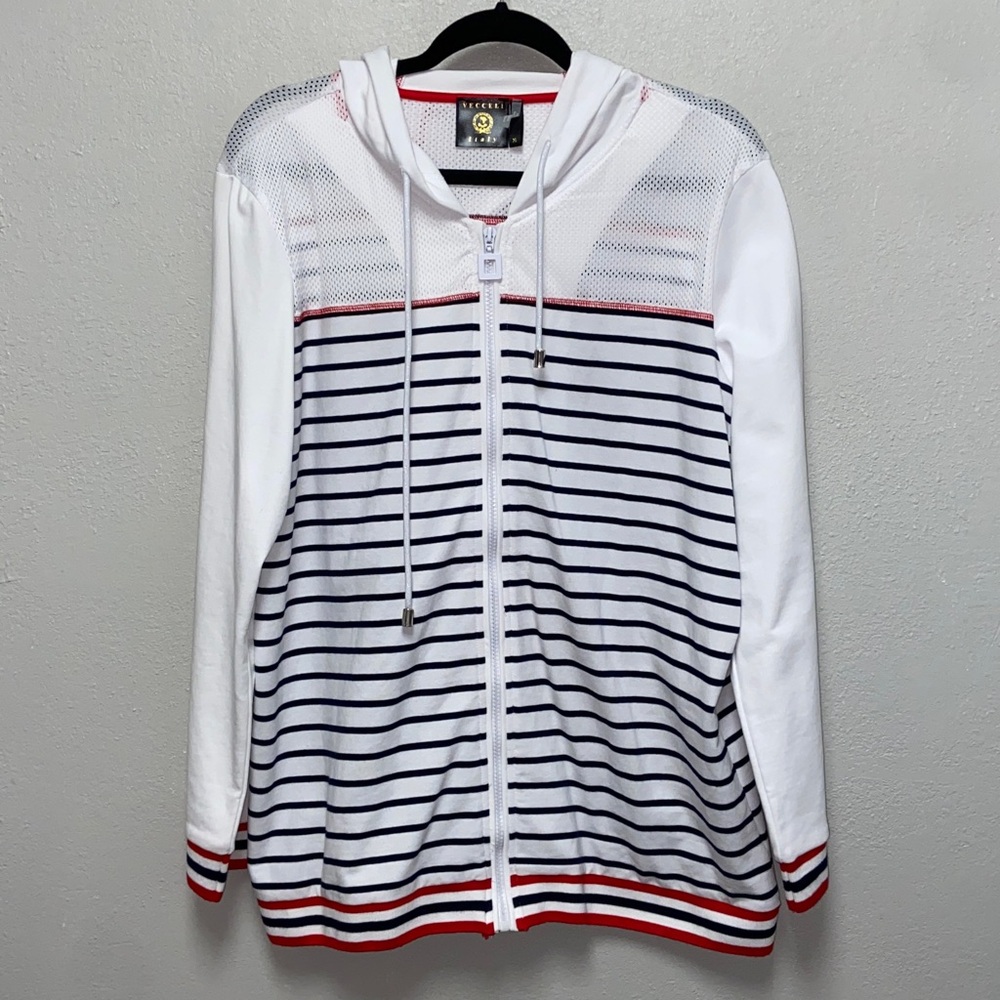 Vecceli Italy Orly White Navy Red Mesh Panel Sporty Nautical Striped Hoodie 3681